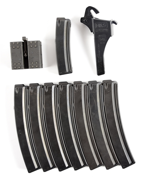 LOT OF HECKLER & KOCH 9MM PARA MP5 MAGAZINES, MAGAZINE CLAMP, AND MAGAZINE LOADER.