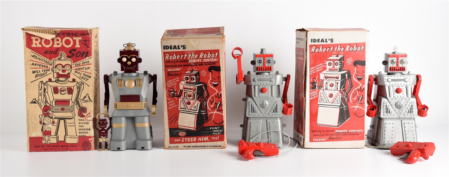 LOT OF 3: IDEAL & MARX PLASTIC ROBOTS IN ORIGINAL BOXES.