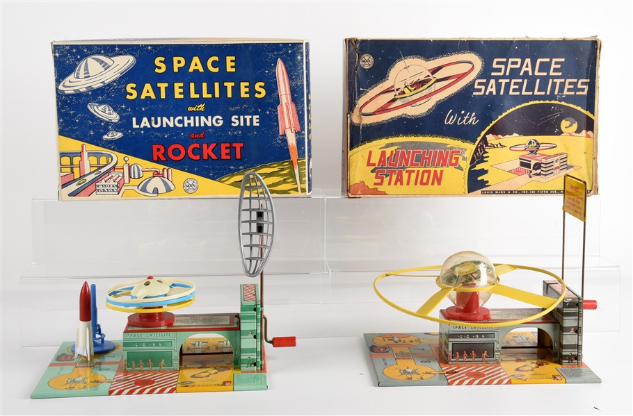 LOT OF 2: MARX PLASTIC & TIN LITHO SPACE SATELITE STAION TOYS IN ORIGINAL BOXES.