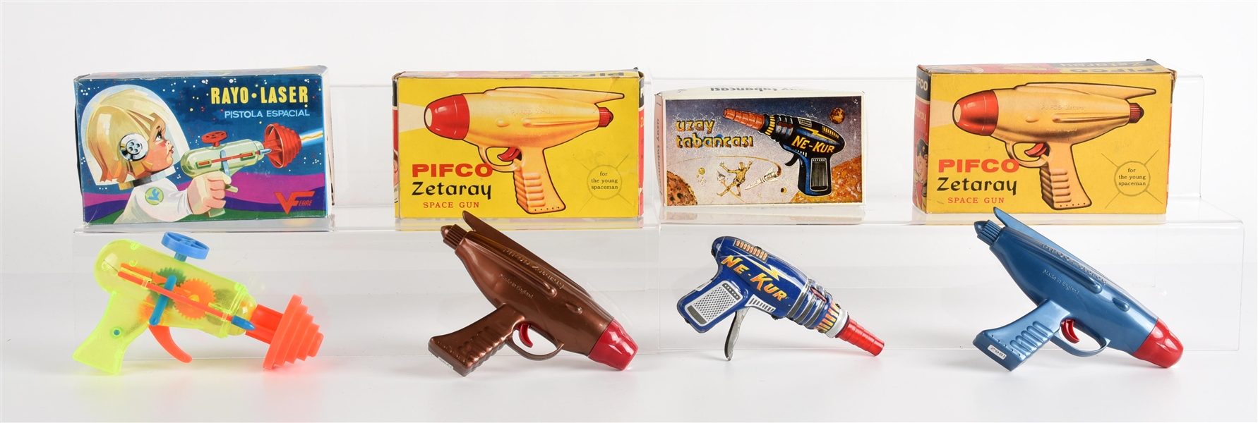 LOT OF 4: FOREIGN MADE TIN & PLASTIC SPACE GUNS IN ORIGINAL BOXES.