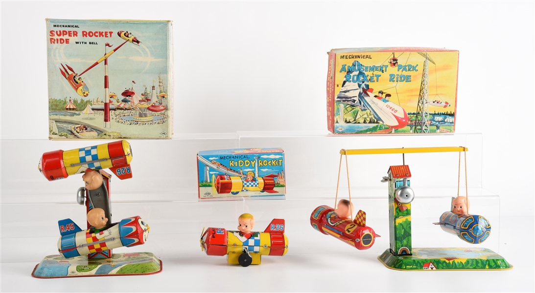LOT OF 3: JAPANESE TIN LITHO WIND UP ROCKET RIDES IN ORIGINAL BOXES.