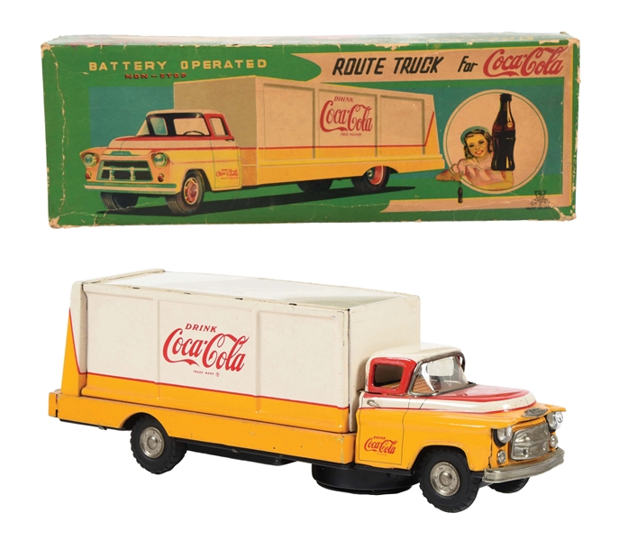1950S COCA COLA 12” YELLOW & WHITE ROUTE TRUCK W/ BOX.