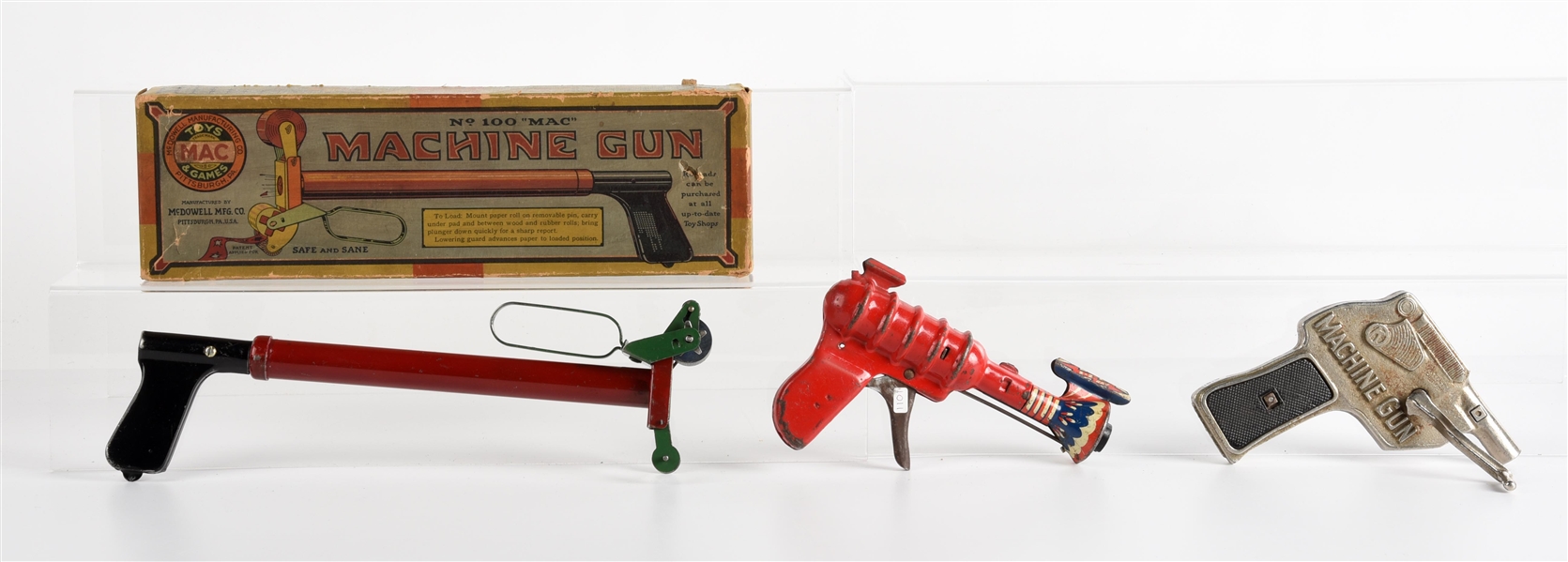 LOT OF 3: AMERICAN MADE CAST & PRESSED METAL TOY GUNS.