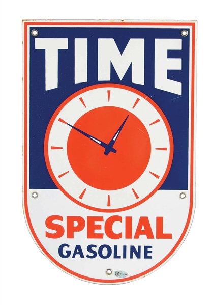 TIME SPECIAL GASOLINE PORCELAIN PUMP PLATE SIGN W/ CLOCK FACE GRAPHIC. 