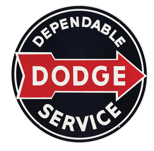 OUTSTANDING DODGE DEPENDABLE SERVICE PORCELAIN SIGN W/ ARROW GRAPHIC. 