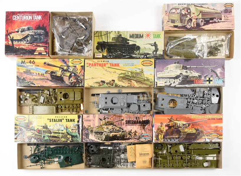 LOT OF 9: VARIOUS AURORA WWII AND KOREAN WAR TANKS AND VEHICLES.
