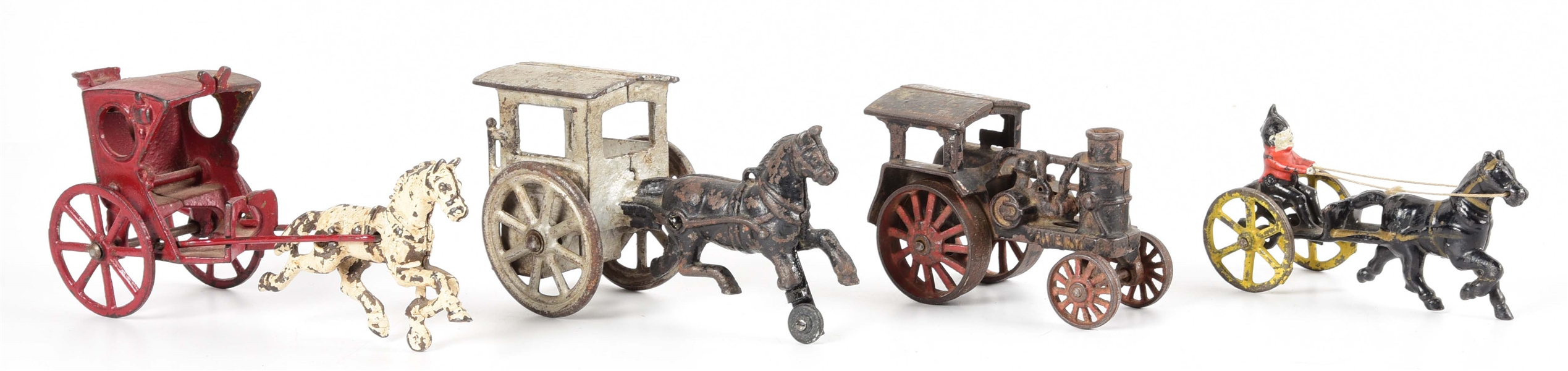 LOT OF 4: CAST IRON HORSE DRAWN TOYS.