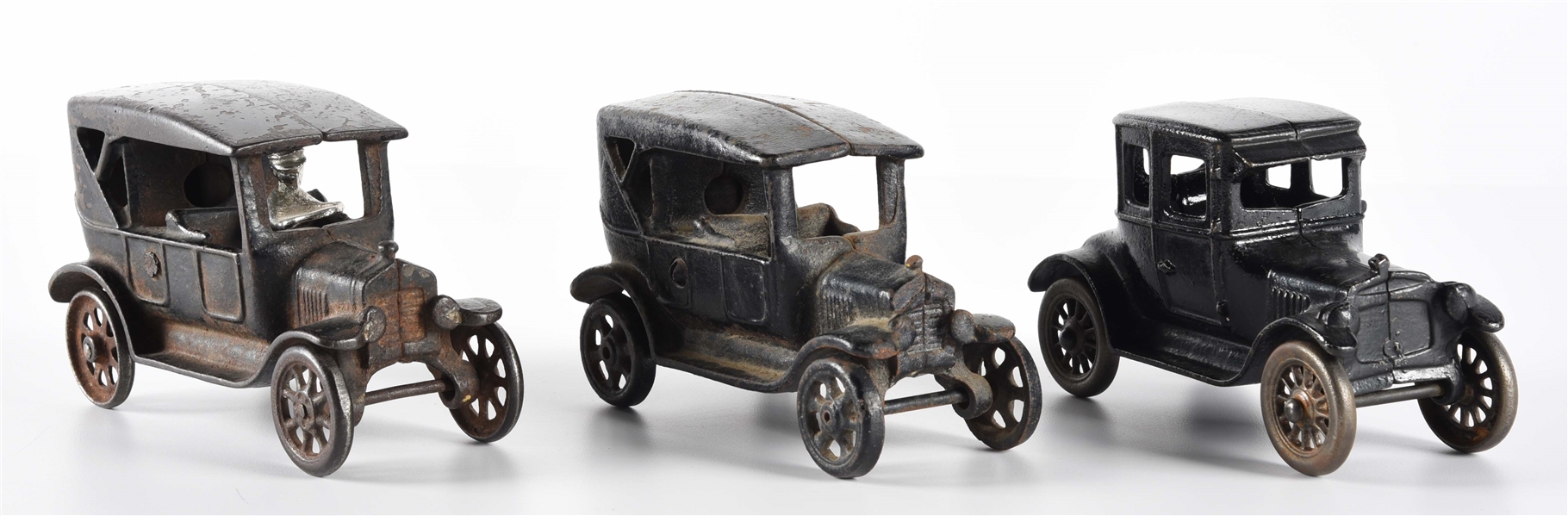 LOT OF 3: AMERICAN-MADE CAST IRON AUTOMOBILES.