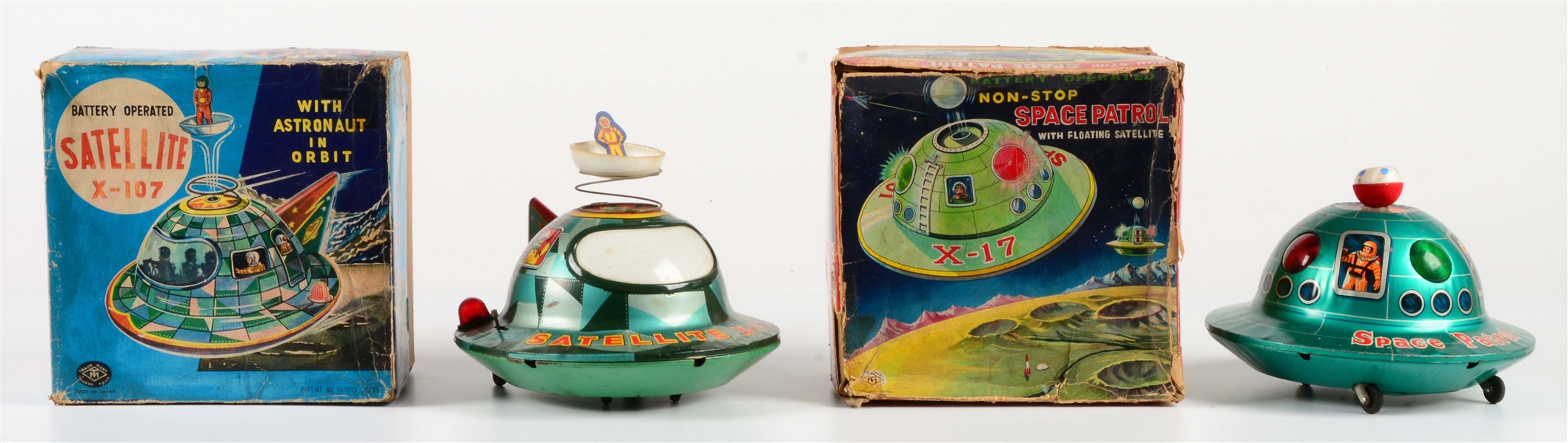 LOT OF 2: JAPANESE TIN LITHO BATTERY-OPERATED SATELLITE FLYING SAUCER TOYS.