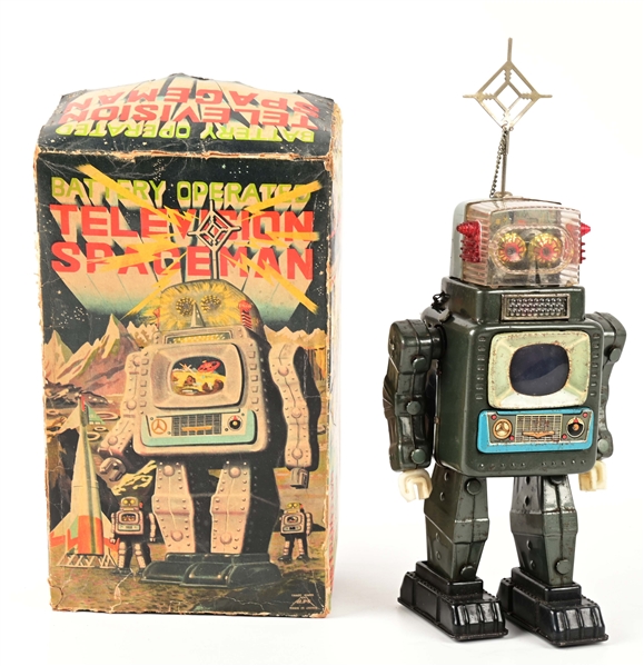 JAPANESE TIN LITHO & PLASTIC BATTERY OPERATED TELEVISION SPACE MAN.