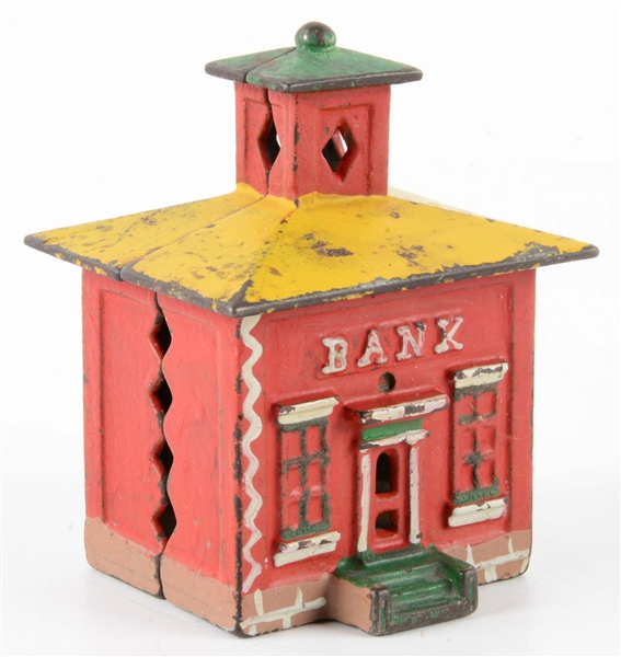 VINTAGE CAST IRON AMERICAN-MADE BUILDING BANK.