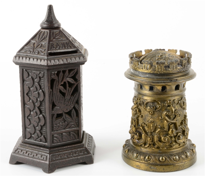 LOT OF 2: CAST IRON AND BRASS MONEY BOXES.