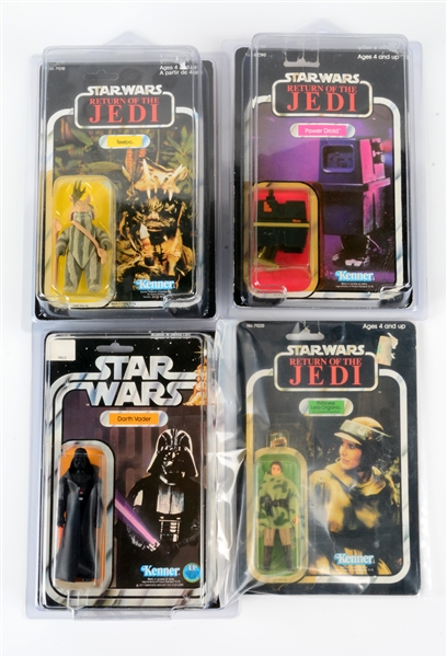 LOT OF 4: KENNER STAR WARS "A NEW HOPE" & "RETURN OF THE JEDI" FIGURES ON CARDS.