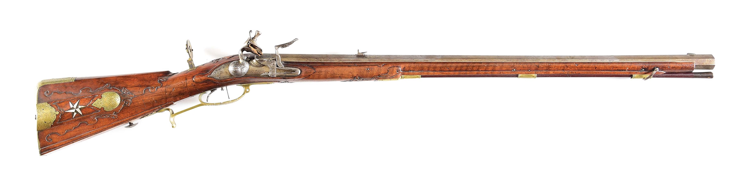 (A) A SCARCE JOHANN WAGNER FLINTLOCK JAEGER RIFLE, WITH A VERY LATE 1744 DATE, ORTHOPTIC SIGHT, AND IMPRESSIVE CARVING ON BOTH METAL AND WOOD.