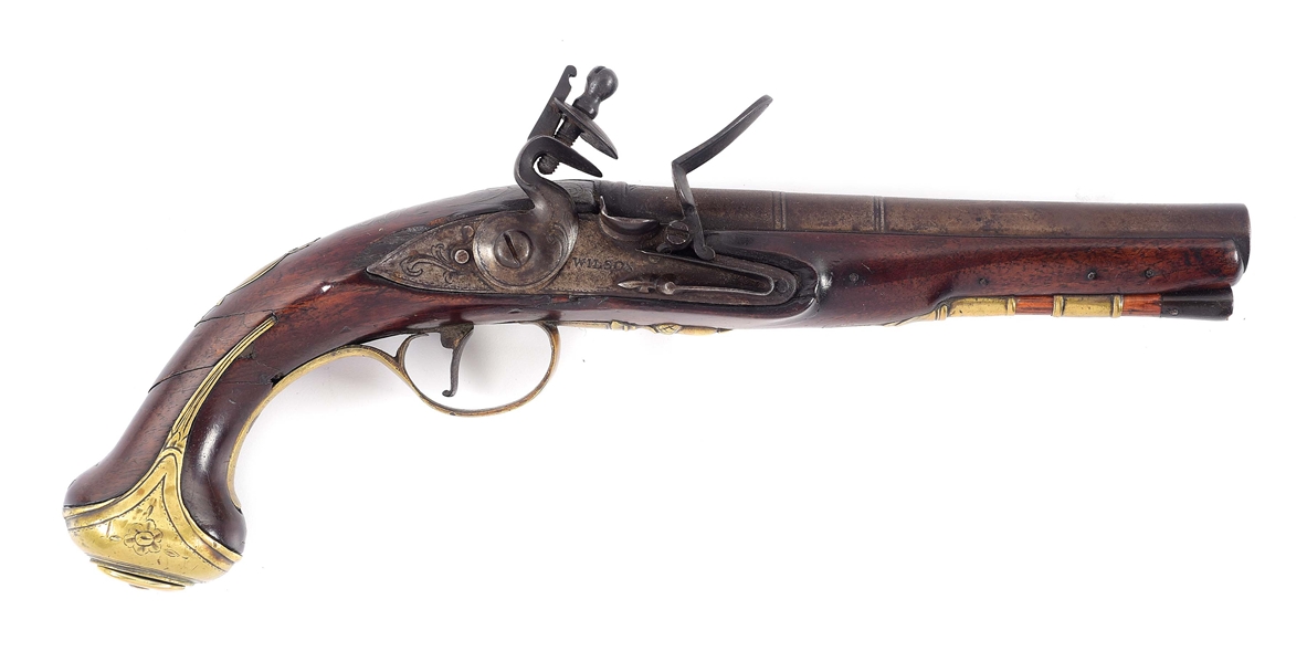 (A) BRASS MOUNTED ENGLISH OFFICER PISTOL BY WILSON.
