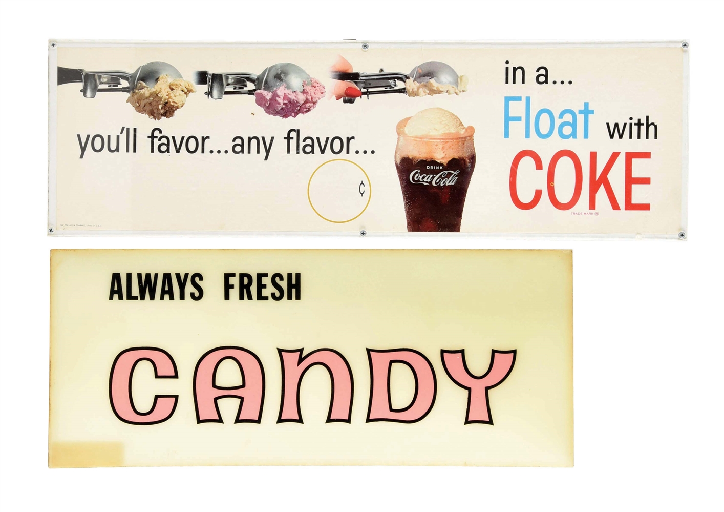 LOT OF 2: COCA-COLA AND CANDY ADVERTISEMENTS.