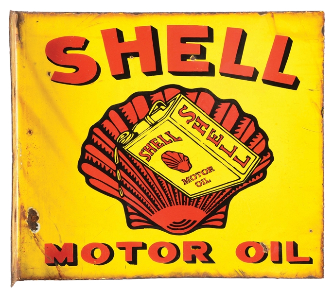 DOUBLE SIDED PORCELAIN SHELL MOTOR OIL FLANGE SIGN.