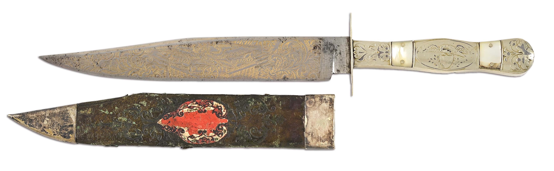 UNMARKED SHEFFIELD BOWIE KNIFE WITH SUPERB MEXICAN WAR ETCHING.