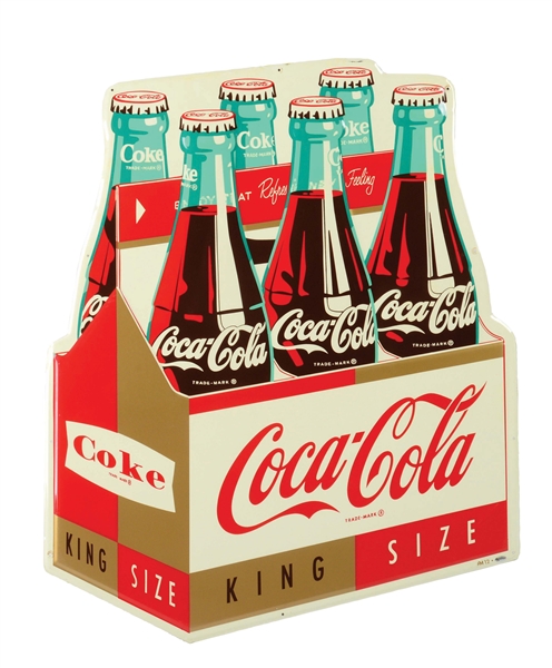 OUTSTANDING NEW OLD STOCK COCA COLA KING SIZE SIX PACK EMBOSSED TIN SIGN.