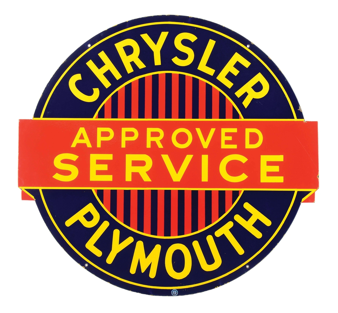 OUTSTANDING CHRYSLER PLYMOUTH AUTOMOBILES APPROVED SERVICE PORCELAIN SIGN. 