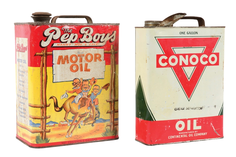 COLLECTION OF 2: PEP BOYS & CONOCO MOTOR OIL ONE & TWO GALLON CANS.