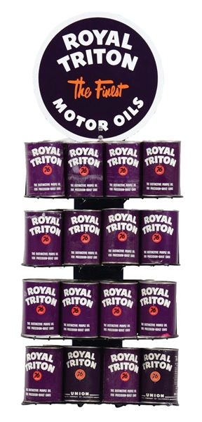 UNION 76 ROYAL TRITON MOTOR OILS SERVICE STATION DISPLAY W/ PORCELAIN SIGN & QUART CANS.