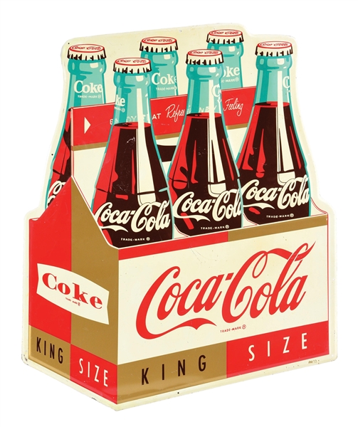 COCA COLA KING SIZE SIX PACK EMBOSSED TIN SIGN. 