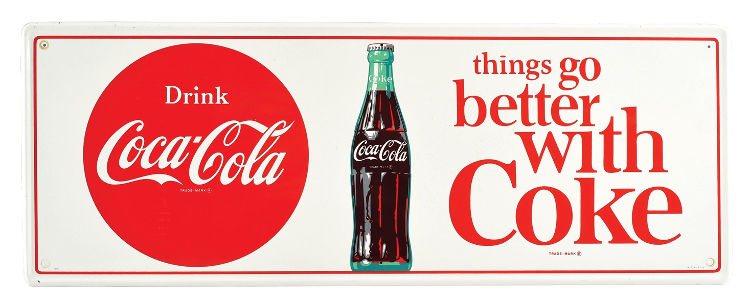 "THINGS GO BETTER WITH COKE" TIN COCA COLA SIGN W/ BUTTON & BOTTLE GRAPHIC. 