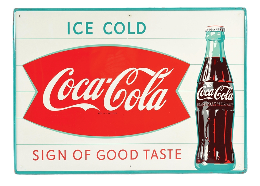 ICE COLD COCA-COLA "SIGN OF GOOD TASTE" TIN SIGN W/ BOTTLE GRAPHIC.