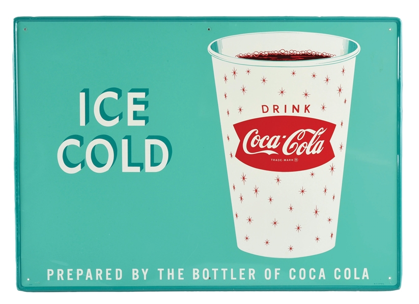 OUTSTANDING ICE COLD COCA-COLA CUP SIGN W/ SELF FRAMED OUTER EDGE. 