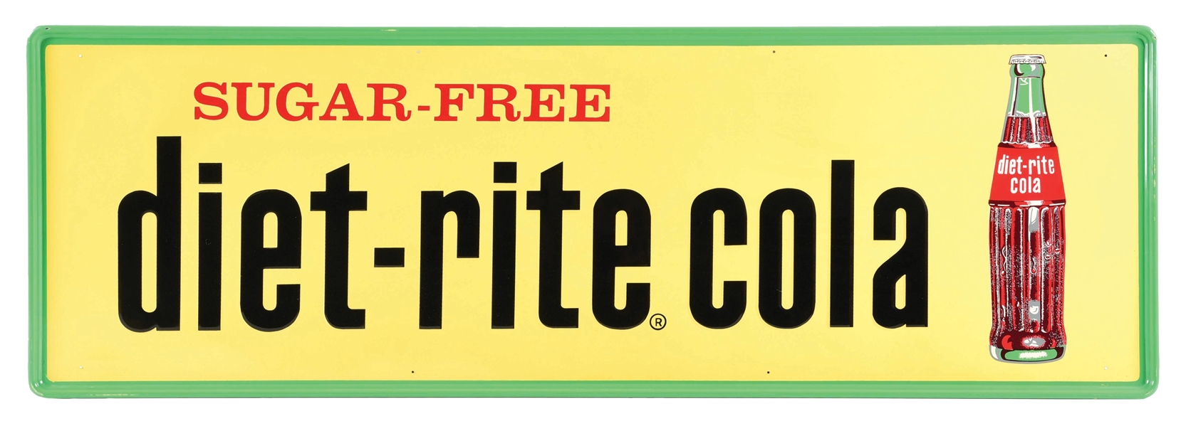 SUGAR FREE DIET-RITE COLA EMBOSSED TIN SIGN W/ BOTTLE GRAPHIC. 
