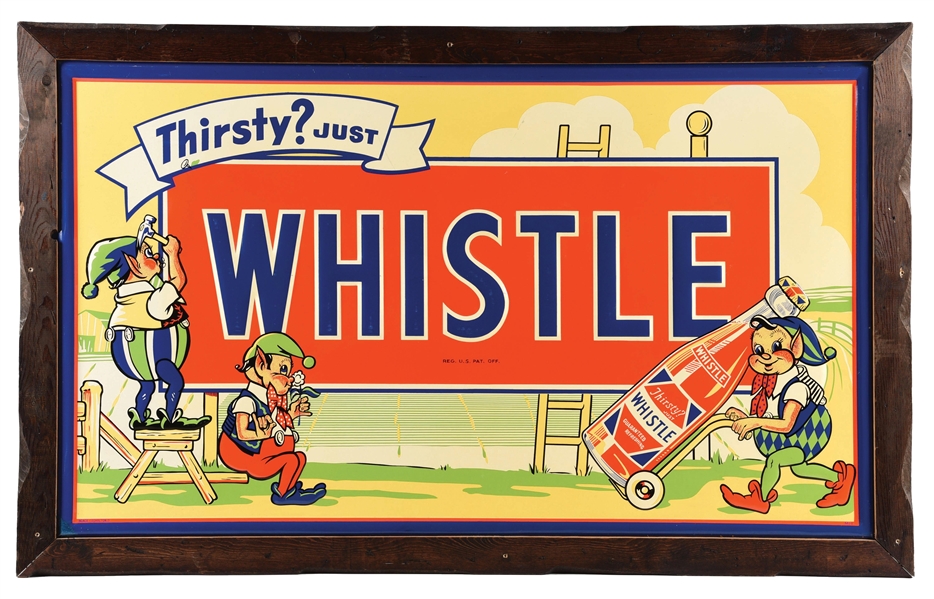 OUTSTANDING THIRSTY? JUST WHISTLE EMBOSSED TIN SODA POP SIGN W/ ELF GRAPHICS. 