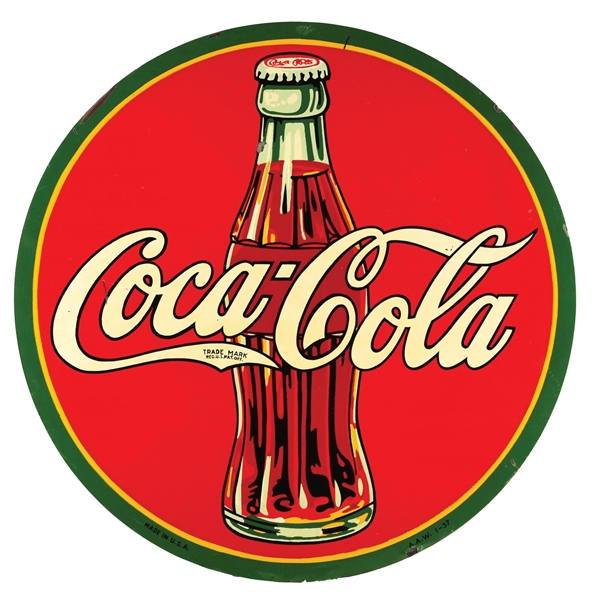 COCA-COLA TIN SIGN W/ LARGE BOTTLE GRAPHIC. 