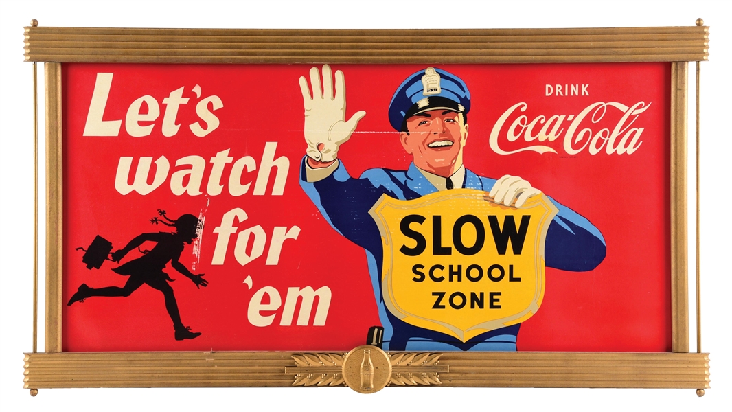 COCA COLA "LETS WATCH FOR EM" SCHOOL ZONE CARD STOCK KAY DISPLAY W/ ORIGINAL WOODEN FRAMING.