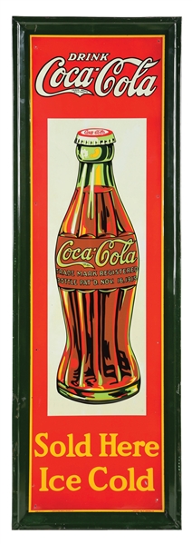 DRINK COCA-COLA SOLD HERE ICE COLD TIN SIGN W/ SELF FRAMED OUTER EDGE. 
