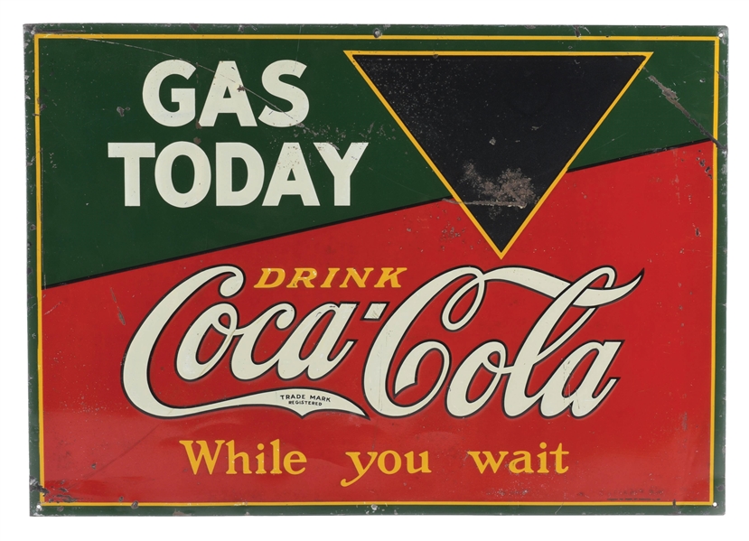 COCA-COLA "GAS TODAY" EMBOSSED TIN SIGN W/ CHALKBOARD PRICER.