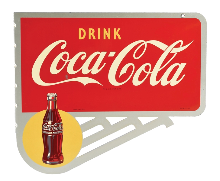 DRINK COCA-COLA TIN FLANGE SIGN W/ BOTTLE GRAPHIC. 