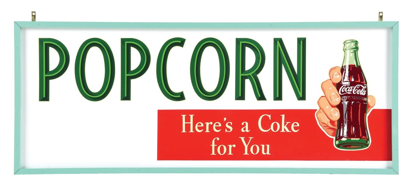 HERES A COKE FOR YOU W/ POPCORN DECALS MOUNTED ON METAL BACKING. 