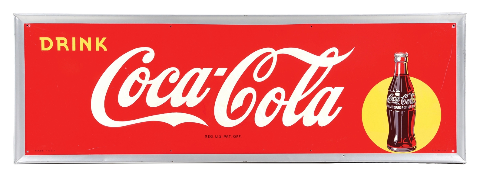DRINK COCA-COLA EMBOSSED TIN SIGN W/ BOTTLE GRAPHIC. 