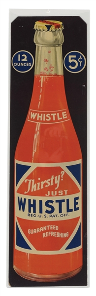 CARDBOARD WHISTLE SIGN WITH BOTTLE GRAPHIC AND "FIVE CENTS".