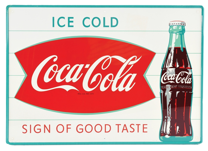 ICE COLD COCA-COLA "SIGN OF GOOD TASTE" TIN SIGN W/ FISHTAIL & BOTTLE GRAPHIC. 