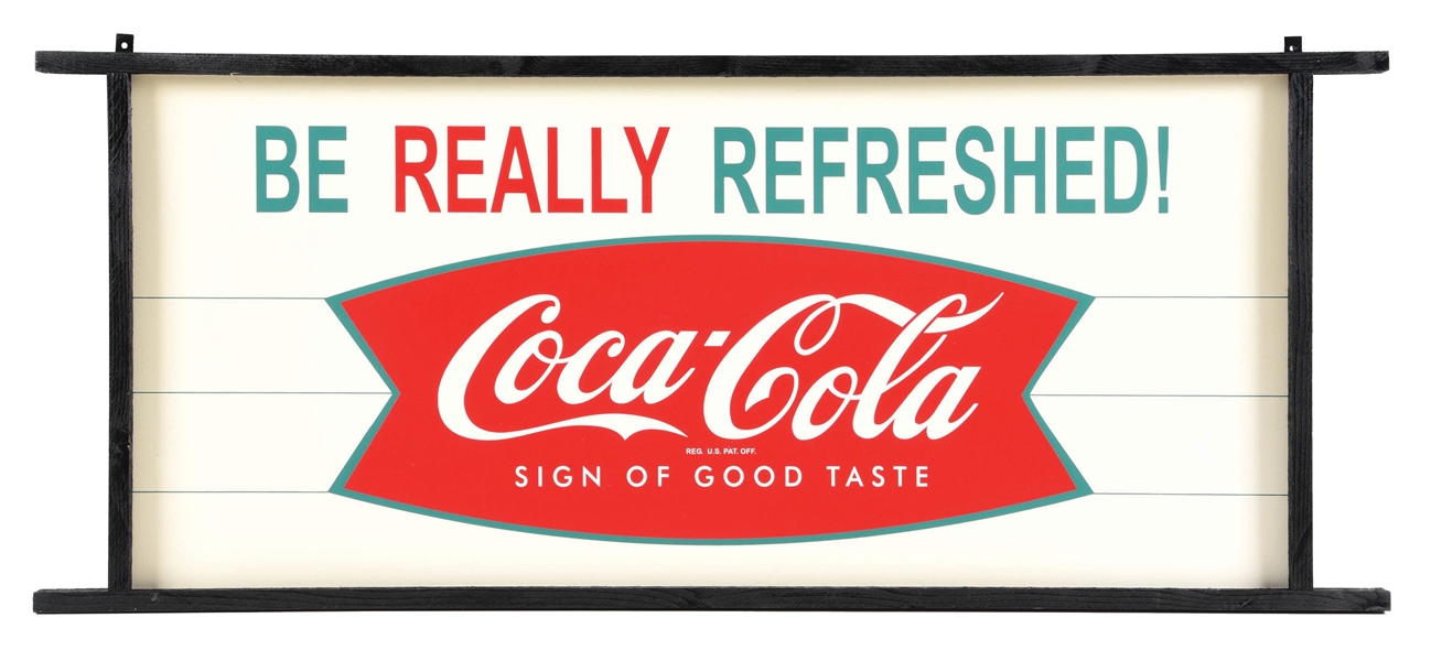 COCA-COLA TIN FISHTAIL CONTEMPORARY SIGN WITH WOOD FRAME.