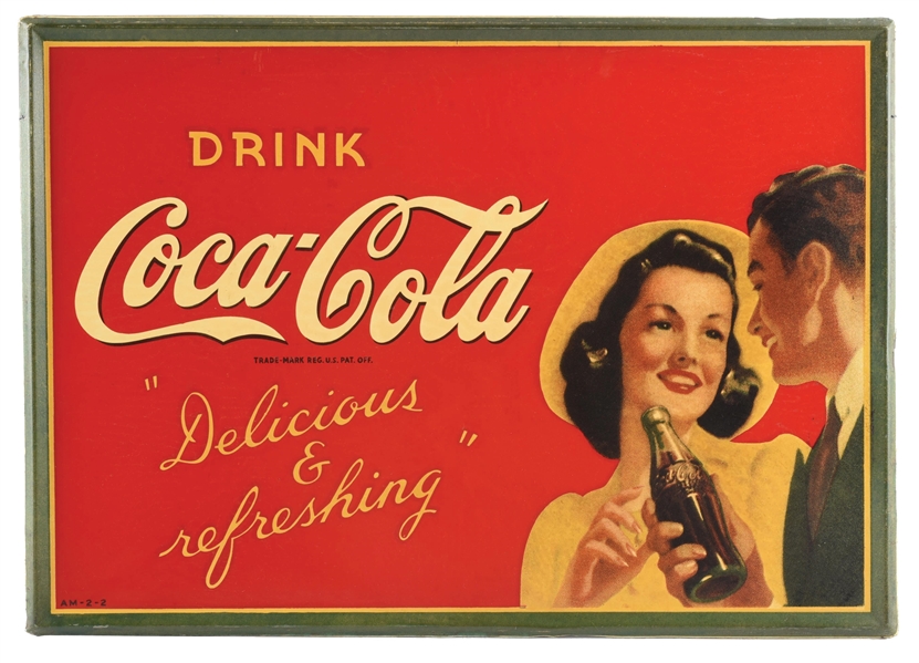 DRINK COCA-COLA "DELICIOUS & REFRESHING" TIN SIGN W// SELF FRAMED OUTER EDGE. 