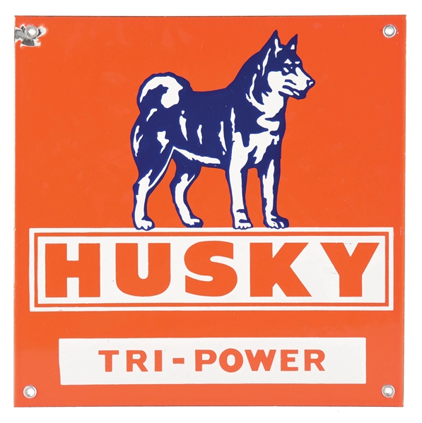 HUSKY TRI-POWER GASOLINE PORCELAIN PUMP PLATE SIGN W/ HUSKY DOG GRAPHIC. 