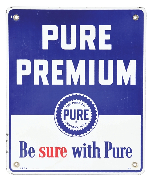 PURE PREMIUM GASOLINE PORCELAIN PUMP PLATE SIGN. 