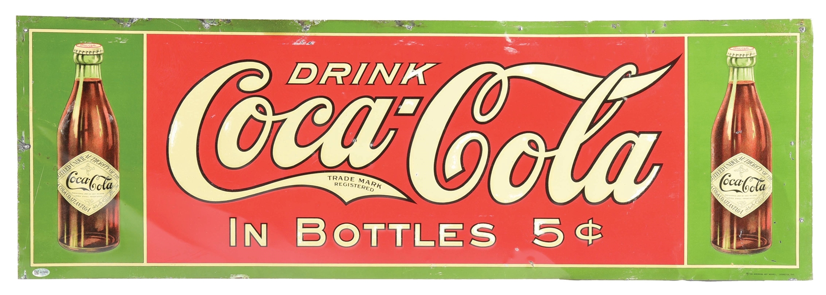 DRINK COCA COLA IN BOTTLES 5¢ EMBOSSED TIN SIGN W/ EARLY BOTTLE GRAPHIC. 