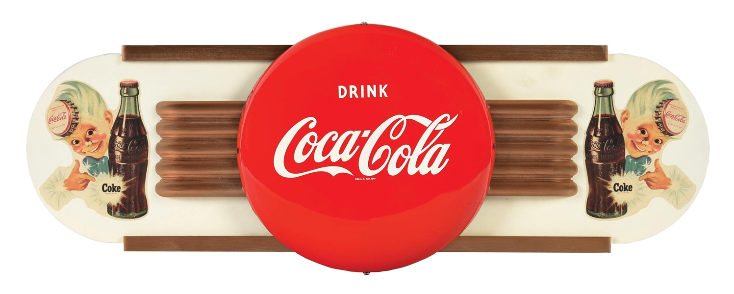 DRINK COCA-COLA KAY DISPLAY W/ TIN BUTTON SIGN ATTACHMENT. 