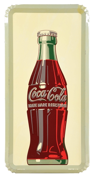 COCA COLA SODA POP GRAPHIC BOTTLE TIN SIGN W/ SELF FRAMED OUTER EDGE. 