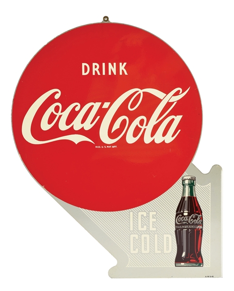 DRINK COCA-COLA ICE COLD TIN FLANGE SIGN W/ BUTTON & BOTTLE GRAPHIC. 
