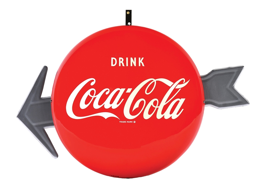 DRINK COCA-COLA TIN BUTTON SIGN W/ EMBOSSED TIN ARROW ATTACHMENT. 